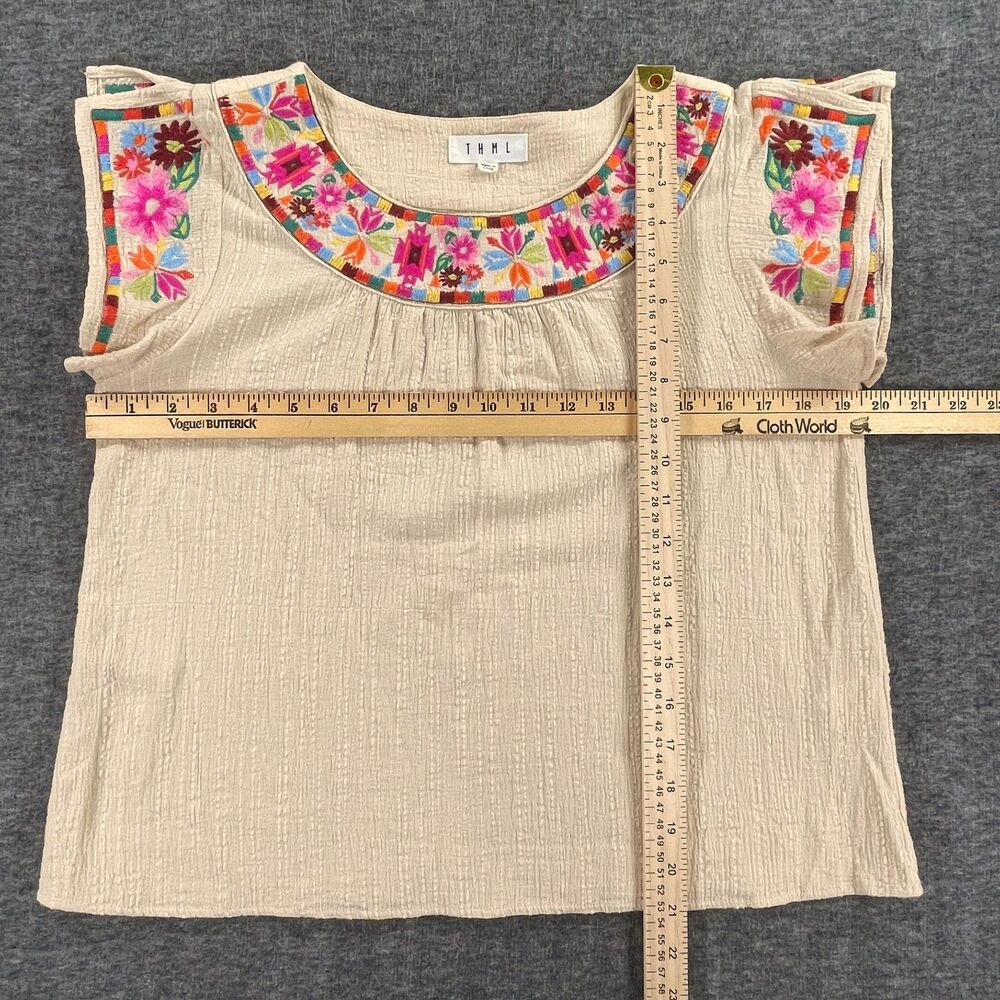 THML Boho Embroidered Flutter Sleeve Top S Cream Cotton Floral Peasant Blouse - Picture 6 of 9